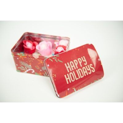 Giftset Kerst blik 6 rozen 6 fawaxjes (mix) Giftset Kerst blik 6 rozen 6 fawaxjes (mix)